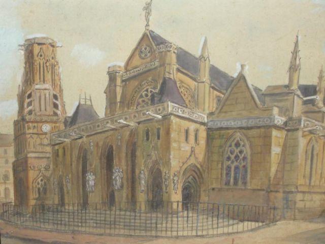 English Watercolor of a Church.
