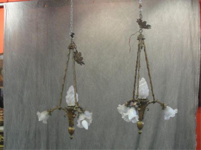 Pair of Bronze 3 Arm, 4 Light Chandeliers.