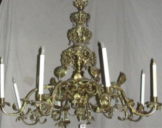 Ornate Leaf-Festooned Brass 8 Arm Chandelier.