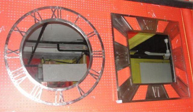 Two Clock-Form Iron Mirrors. 1 Round