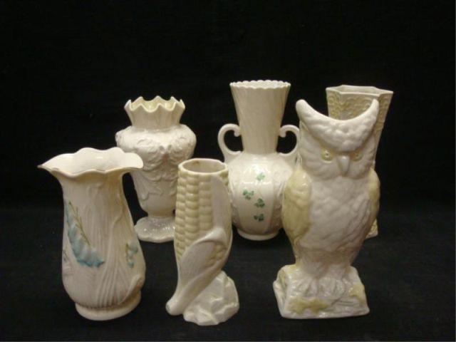 BELLEEK. 6 Porcelain Vases. 3 green