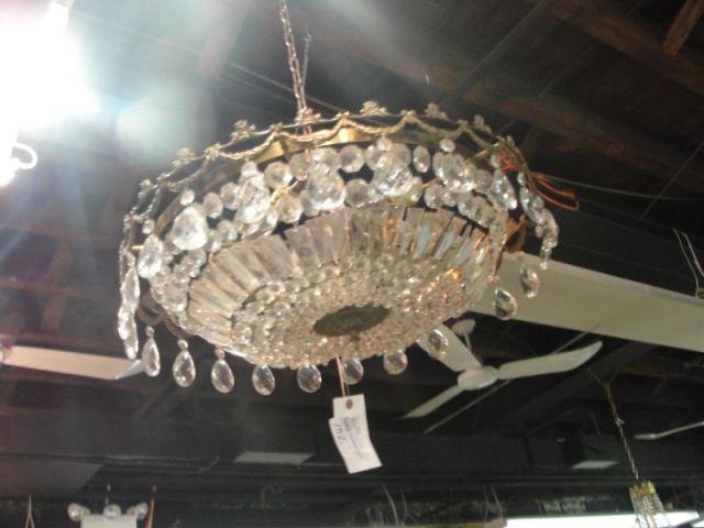 Round Gilt Metal and Crystal Chandelier.