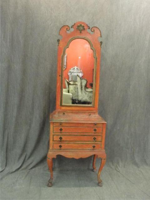Red Painted Queen Anne Style Secretary bd275