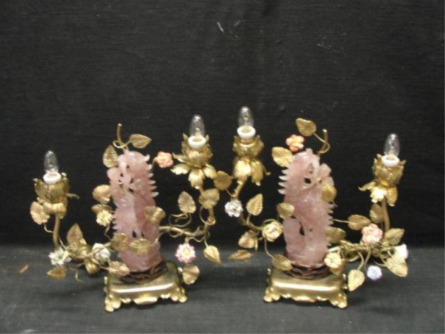 Pair of Pink Jade and Gilt Metal