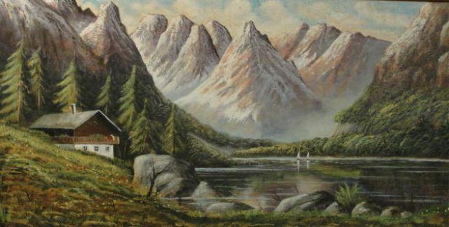 Large Oil on Canvas of Alpine Lake