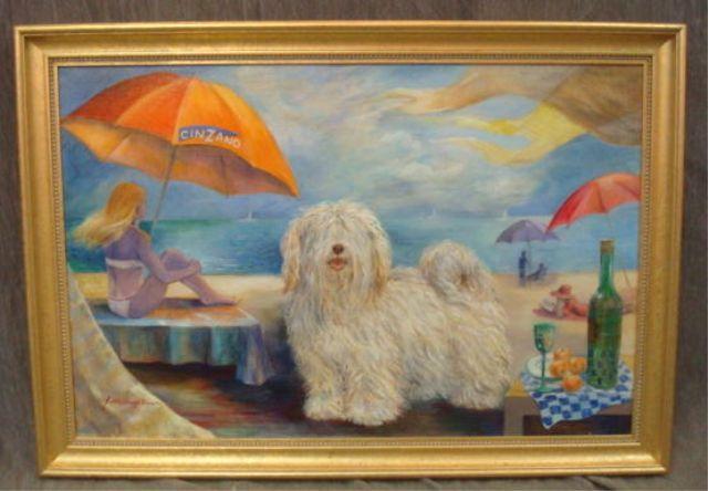 Oil on Canvas of Dog at Beach. Signed