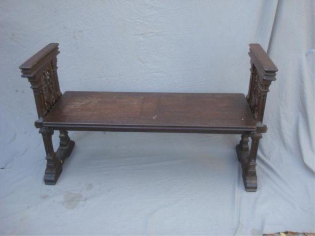 Gothic Style Carved Oak Bench.