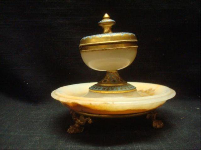Bronze, Alabaster and Enameled Inkwell.