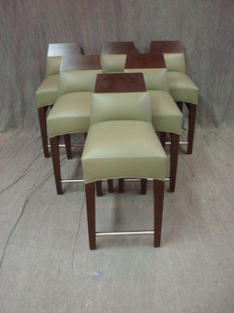 6 Green Leather Stools. Wood and