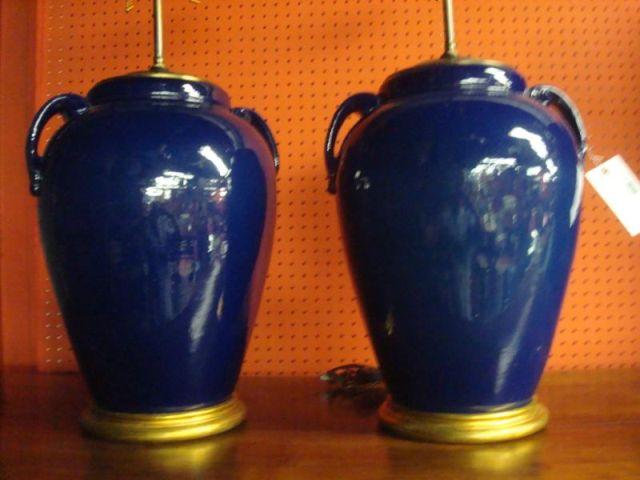 Pair of Blue Urn Form Lamps. From a