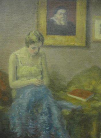 Oil on Board of Woman Sewing. Signed