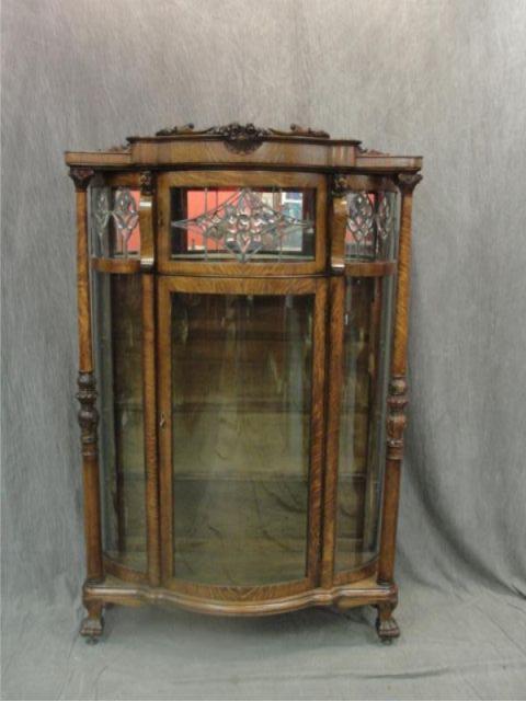 Victorian Oak Curved Glass China Cabinet.