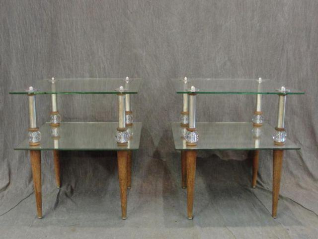 Pair of 2 Tier Glass and Wood Midcentury