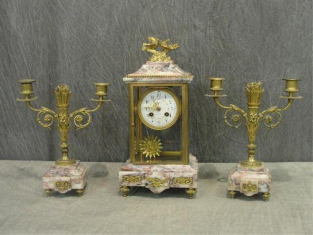 3 Piece Gilt Metal and Marble Clock