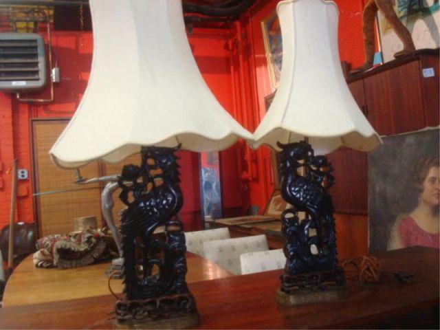 Pair of Black Amber ? Carved Asian