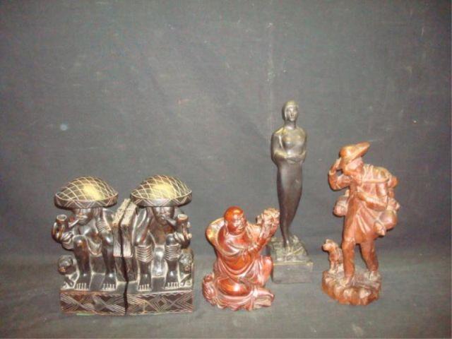 5 Wood Carvings. Pair of bookends,