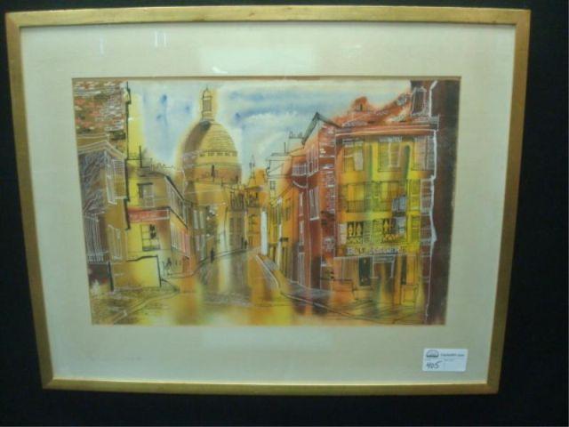 French Watercolor of Town Scene.