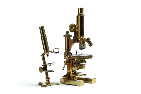 TWO BRASS MICROSCOPES.  American or