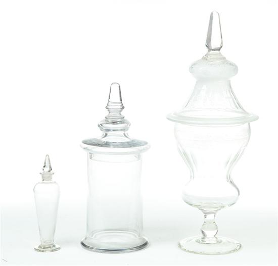 THREE GLASS APOTHECARY JARS.  American