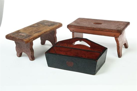 TWO FOOTSTOOLS AND A HANGING BOX.