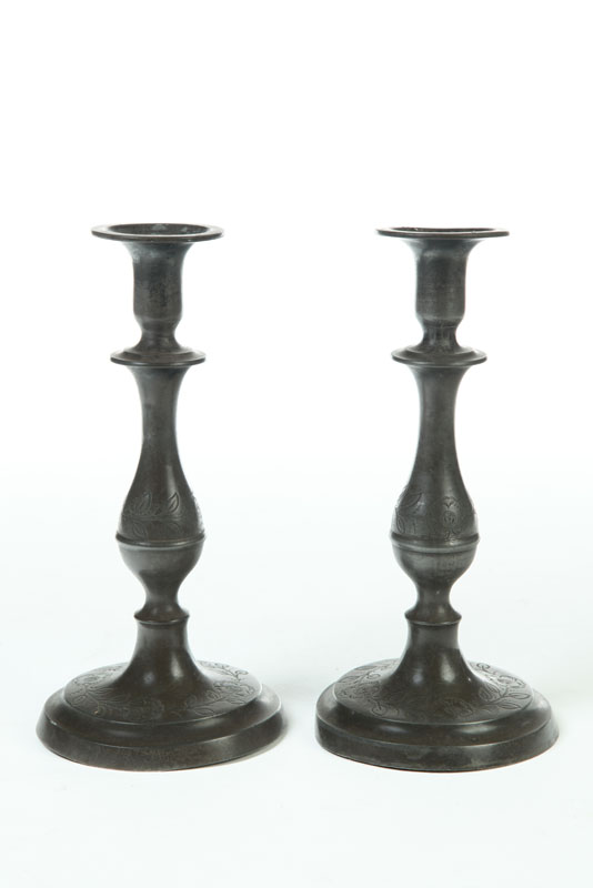 PAIR OF PEWTER CANDLESTICKS.  Flagg