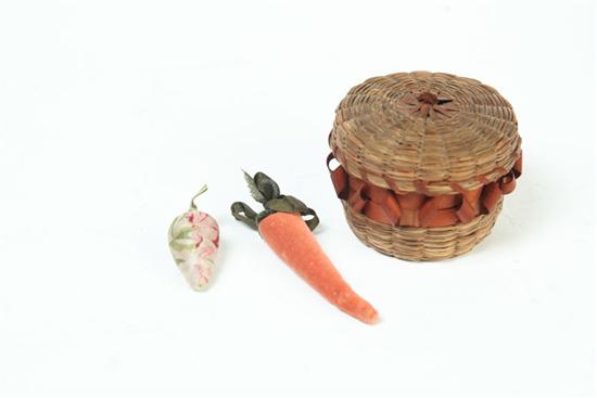 MINIATURE INDIAN BASKET AND TWO PINCUSHIONS.