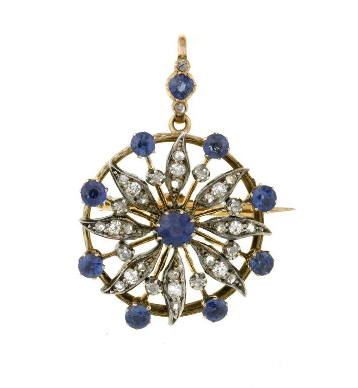 A SAPPHIRE AND DIAMOND PENDANT IN THE