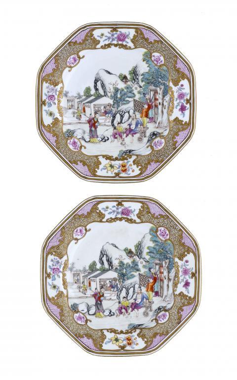 A PAIR OF DERBY OCTAGONAL PLATES
painted