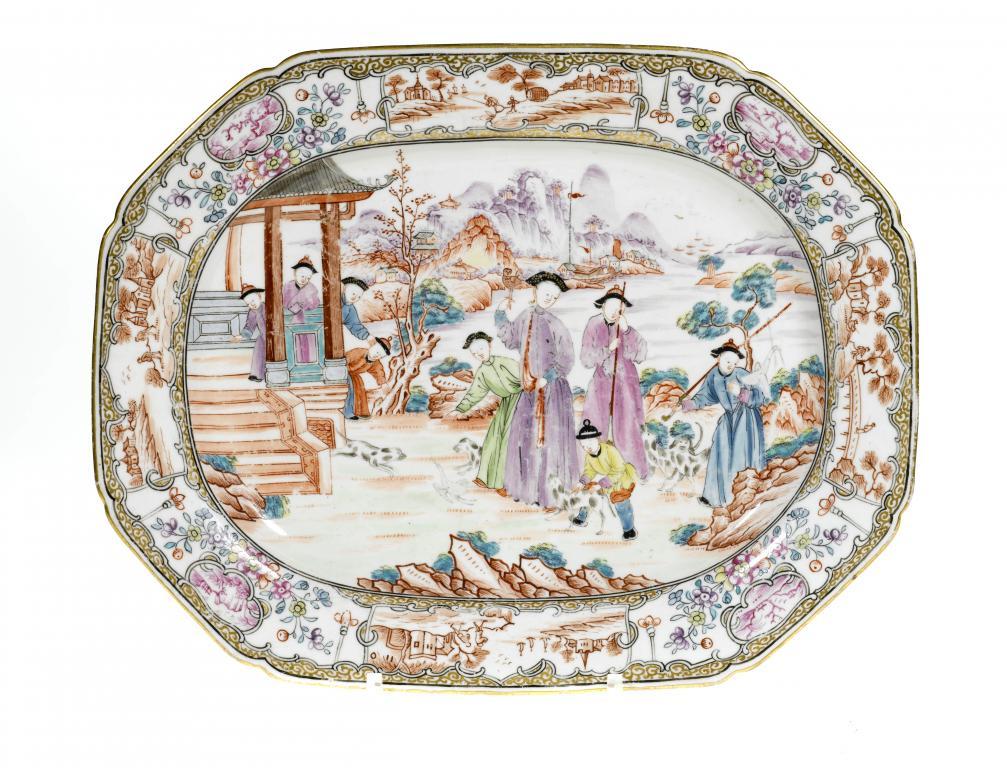 A DERBY DISH
painted in famille