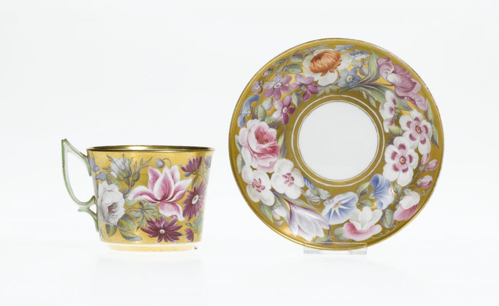 A DERBY GOLD GROUND TEACUP AND