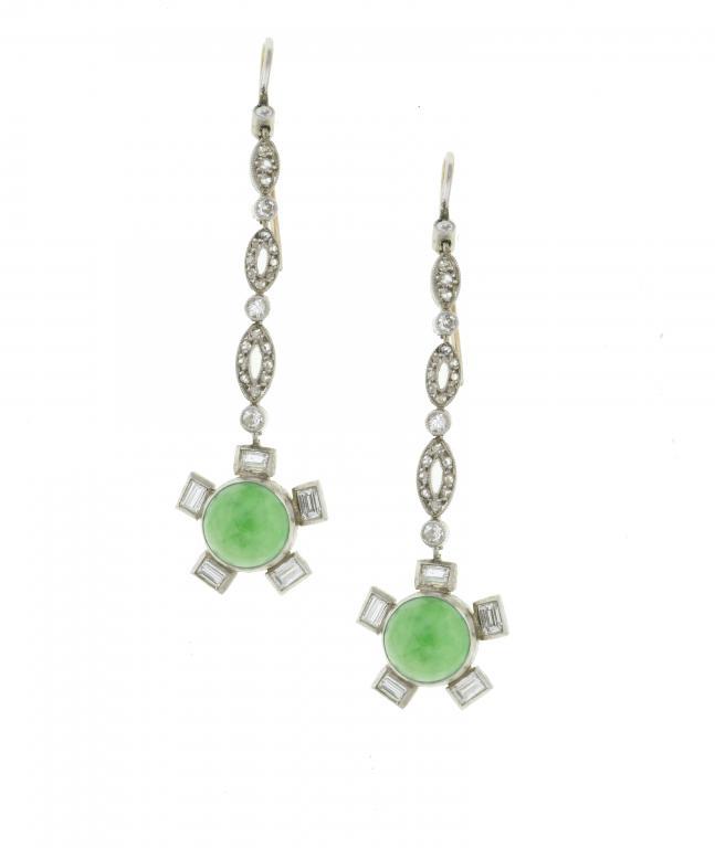 A PAIR OF JADE AND DIAMOND EARRINGS
the