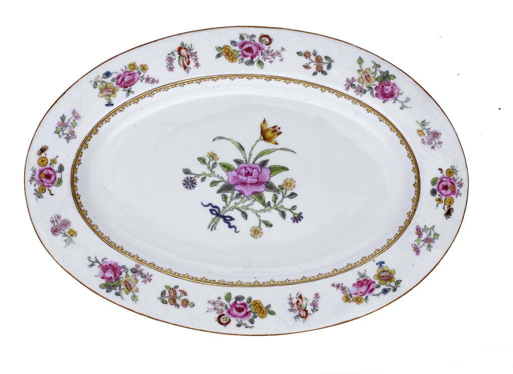 A DERBY OVAL DISH
painted in famille