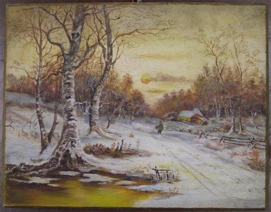 Oil on panel unframed naive winter 109c7e