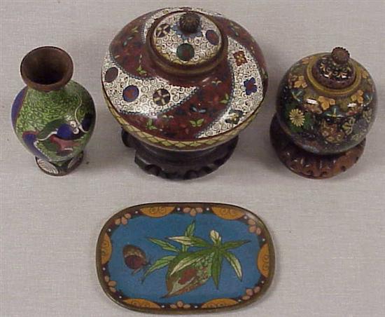 Four pieces cloisonne including a covered