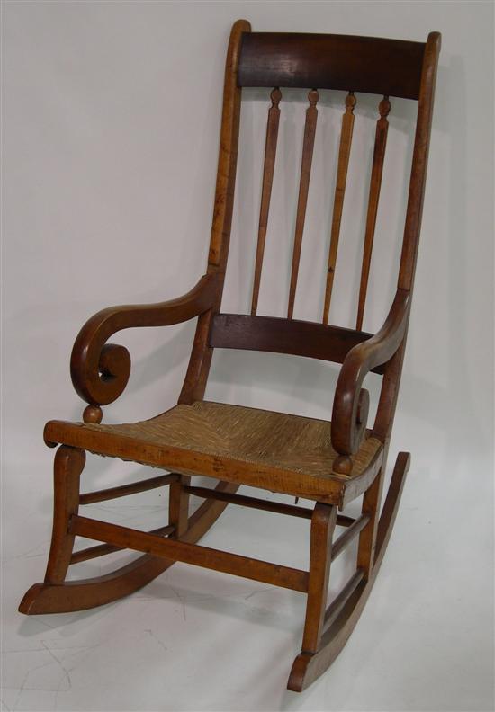 Scrolled arm rush seat rocking chair