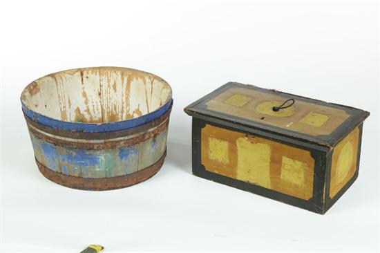 DECORATED BOX AND WOODEN BUCKET.