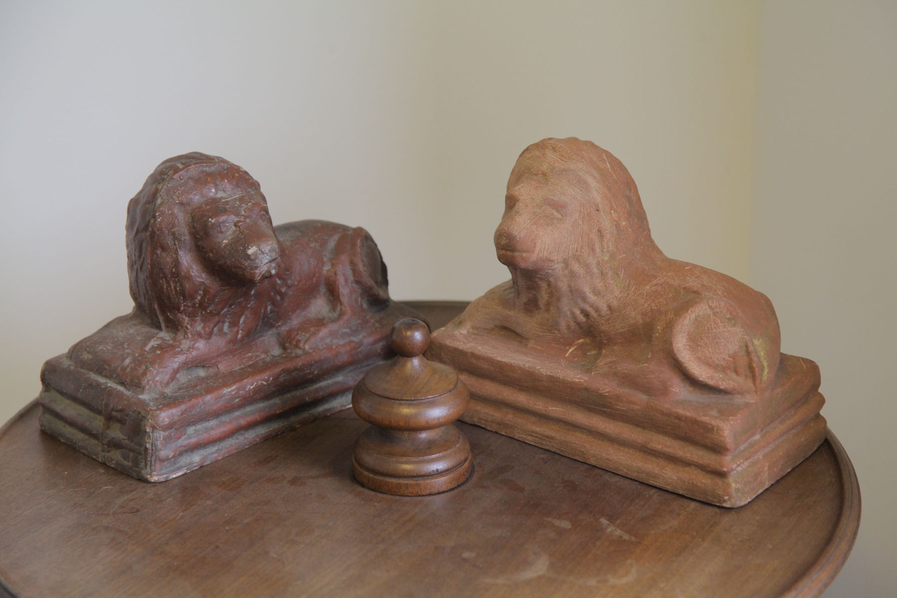 PAIR OF REDWARE LIONS.  American