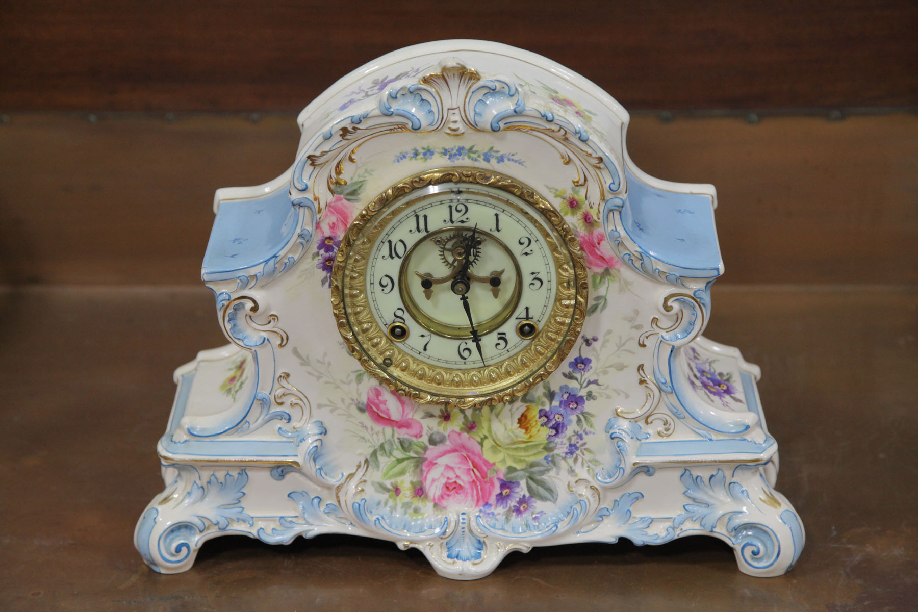 ANSONIA/ROYAL BONN CHINA MANTLE CLOCK.