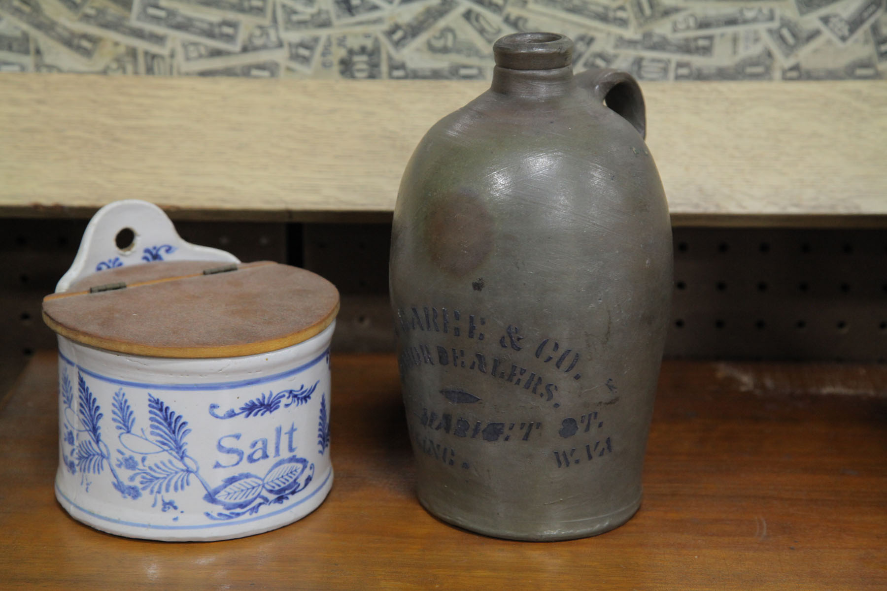 STONEWARE JUG AND SALT CROCK. 