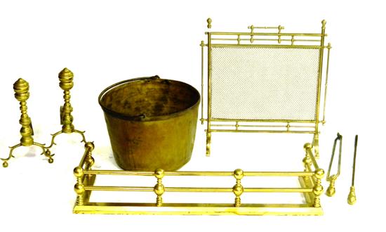 Brass fireplace accessories  seven pieces: