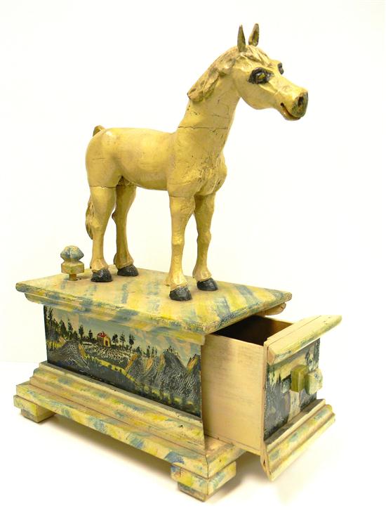 Folk Art carved wooden horse on box