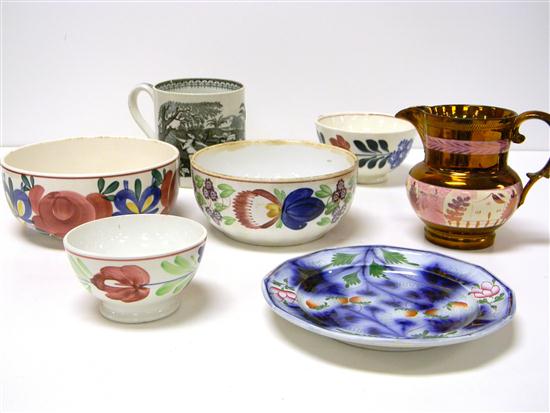 Seven pieces: soft paste pottery assortment