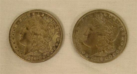 COINS: Lot of 2 1893 Morgan Dollars.