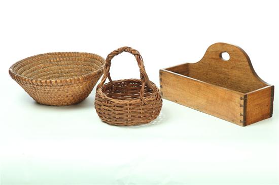 TWO BASKETS AND HANGING BOX.  American
