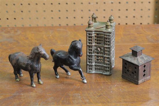FOUR CAST IRON BANKS Two horses  10ac78