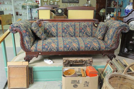 SOFA. Mahogany frame with scrolled crest