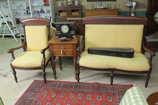 EDWARDIAN SETTEE AND ARM CHAIR.