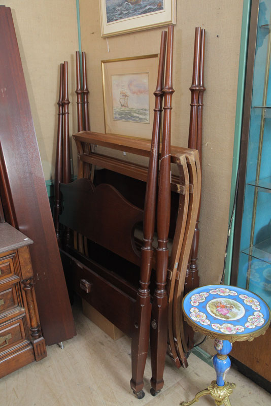 PAIR TWIN BEDS. Walnut pencil post