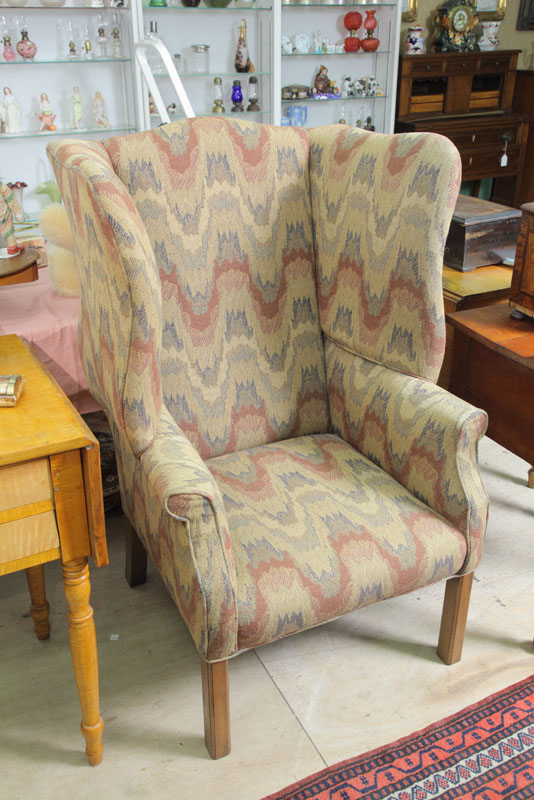 WINGBACK CHAIR. Blue  red and cream