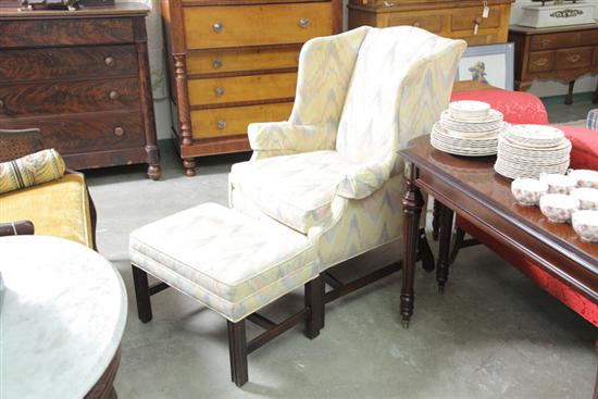 WING BACK CHAIR AND OTTOMAN. Walnut